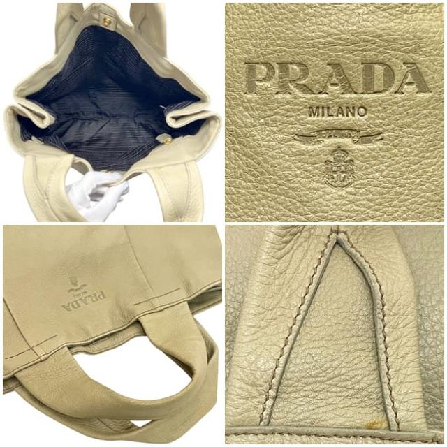 プラダ トートバッグ ベージュ 美品 レザー 中古 146 PRADA 革バッグ 書類 ビジネス ホック ワンポイント ロゴ エンボスロゴ レディース メンズ 定番 人気 シンプル 三角 ロゴプレート シルバー金具 軽い 軽量_3