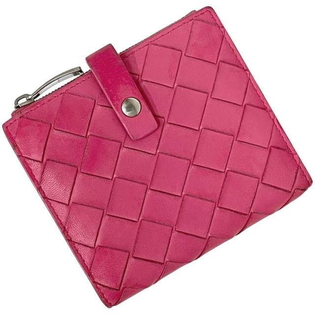 ボッテガヴェネタ 二つ折り 財布 ピンク イントレチャート ホック レザー 中古 S02332325Z BOTTEGA VENETA ホック コンパクト ファスナー 箱付き 編み込み 定番 人気 メンズ レディース シンプル 革財布