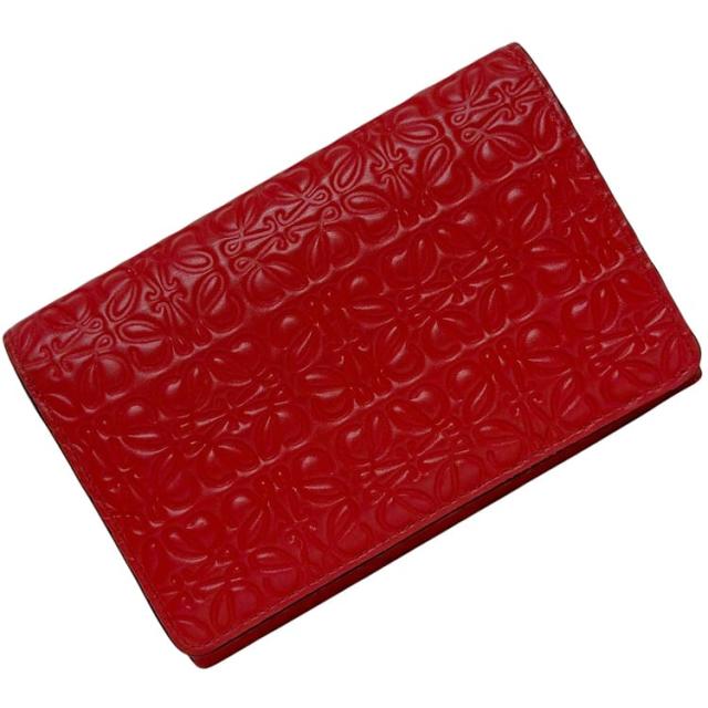 ロエベ 二つ折り 財布 レッド リピート アナグラム 107.55.G96 コンパクト レザー 中古 261606 LOEWE ロゴ 赤 総柄 ホック エンボスロゴ 箱付き ゴールド金具 シンプル 定番 人気 メンズ レディース