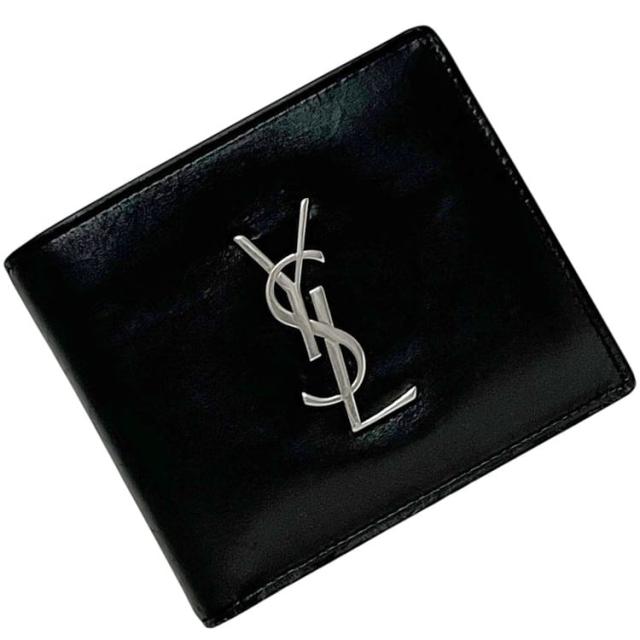 サンローラン 二つ折り 財布 ブラック GBL463249 0918 美品 YSL レザー 中古 SAINT LAURENT PARIS ロゴ金具 黒 折り財布 革財布 箱付き シルバー金具 シンプル 革 メンズ レディース 男女兼用