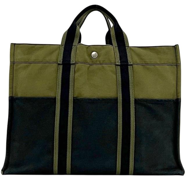 エルメス トートバッグ フールトゥ トートＭＭ カーキグリーン ネイビー 軽い キャンバス 中古 HERMES バイカラー 深緑 紺色 ホック ポケット豊富 書類 a4 レディース メンズ 男女兼用 シンプル 定番 人気 ヴィンテージ