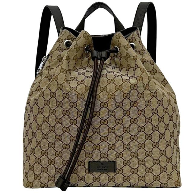 グッチ 巾着 リュック ベージュ ブラウン GGキャンバス 449175 美品 キャンバス レザー 中古 527066 GUCCI 大容量 巾着リュック バックパック リュックサック 巾着バッグ GG 茶色 メンズ レディース 男女兼用