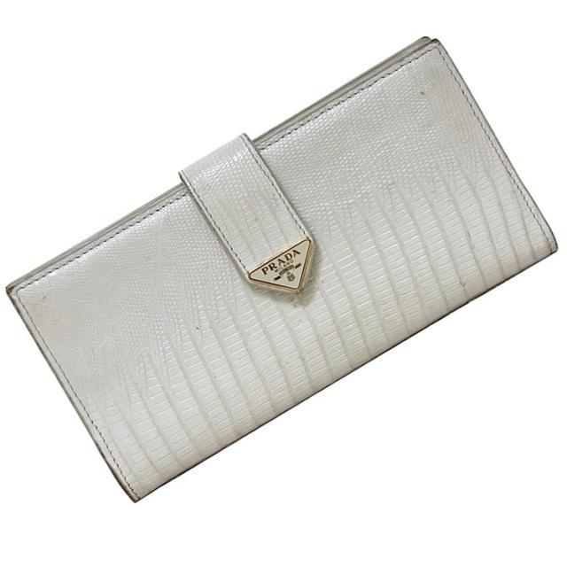 プラダ 二つ折り 長財布 ホワイト 1MV025 財布 美品 リザード レザー 中古 230 PRADA 三角 白 ロゴ プレート リアルレザー レア ホック メンズ レディース 男女兼用 シンプル 爬虫類 トカゲ皮 ゴールド金具 ロング