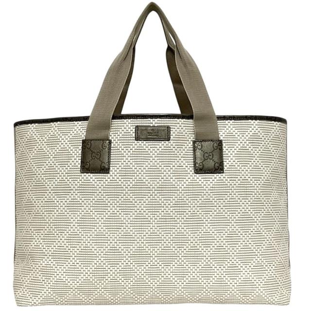 グッチ トートバッグ ホワイト ベージュ メタリックカーキ シマライン 289626 美品 PVC レザー 中古 498879 GUCCI GG ロゴ 大容量 ラージトート 肩掛け 軽い 編み込み 旅行 書類 a4 白 レディース メンズ