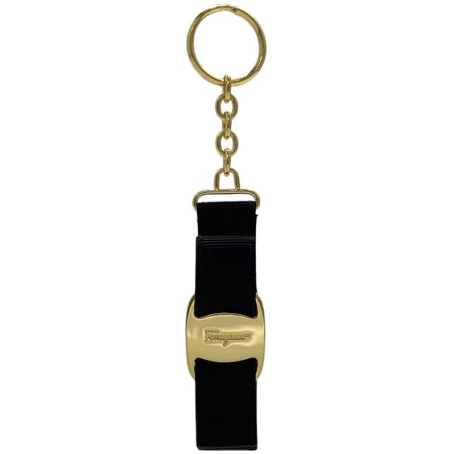 サルヴァトーレ フェラガモ キーホルダー ブラック ゴールド ヴァラ 美品 ファブリック GP 中古 Salvatore Ferragamo リボン 紙箱付き チャーム キーリング 鍵 ホルダー バッグチャーム ゴールド金具 定番 人気