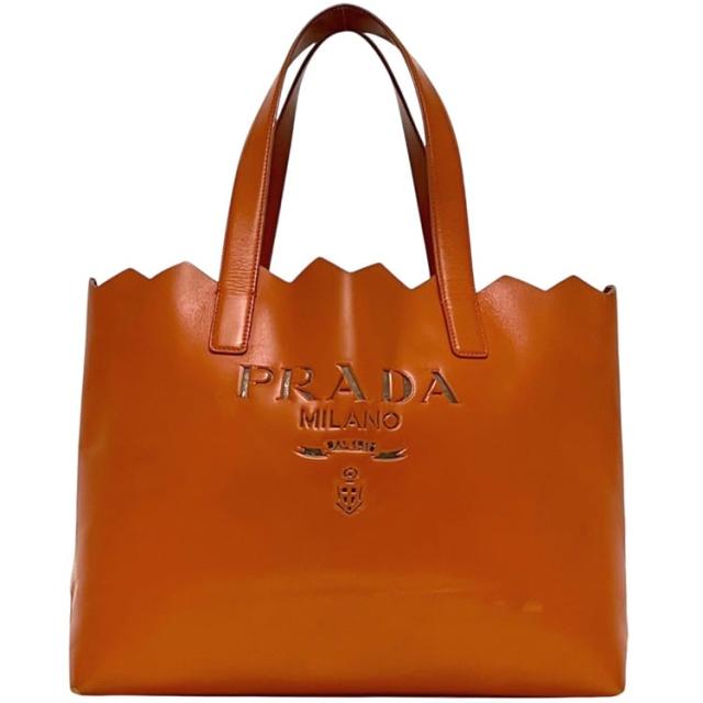 プラダ トートバッグ オレンジ カットロゴ レザー 中古 PRADA ハンドバッグ ロゴ カッティング 本革 レディース メンズ 男女兼用 革トート シンプル ヴィンテージ ロゴマーク 定番 人気 普段使い ワンカラー カジュアル 軽い