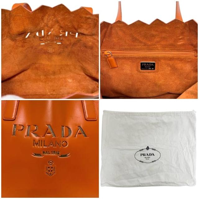 プラダ トートバッグ オレンジ カットロゴ レザー 中古 PRADA ハンドバッグ ロゴ カッティング 本革 レディース メンズ 男女兼用 革トート シンプル ヴィンテージ ロゴマーク 定番 人気 普段使い ワンカラー カジュアル 軽い_2