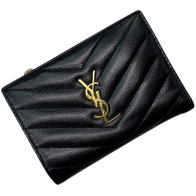サンローラン 二つ折り 財布 ブラック 575974 美品 レザー 中古 0121 SAINT LAURENT PARIS YSL 黒 ロゴ 金具 小銭入れ有 ミニ コンパクト Ｖステッチ キルティング ゴールド金具 シンプル メンズ