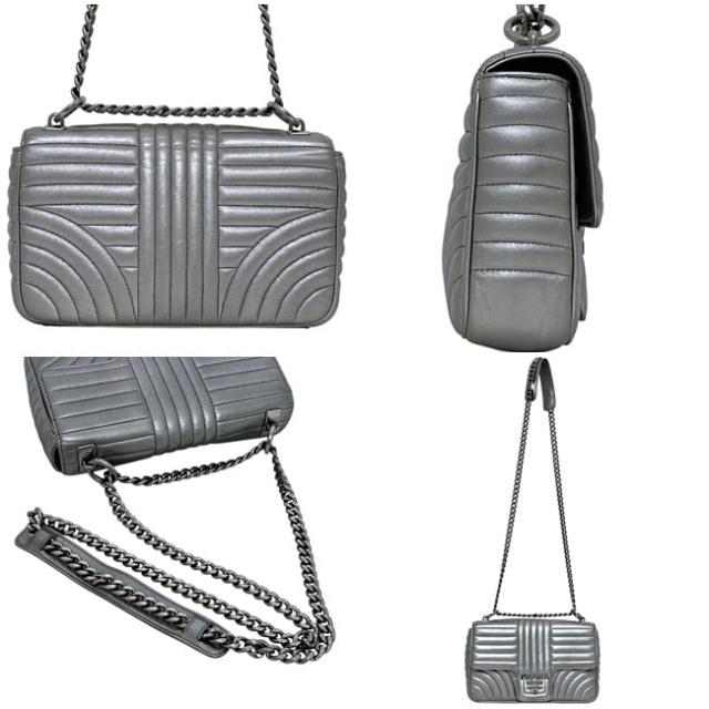 プラダ チェーンショルダー バッグ シルバー ダイアグラム 1BD108 美品 レザー 中古 7/6 PRADA クロスボディ 肩掛け フラップ キルティング ステッチ ロゴ金具 銀 メタリック シンプル シルバー金具 レディース 定番_1