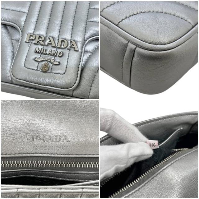 プラダ チェーンショルダー バッグ シルバー ダイアグラム 1BD108 美品 レザー 中古 7/6 PRADA クロスボディ 肩掛け フラップ キルティング ステッチ ロゴ金具 銀 メタリック シンプル シルバー金具 レディース 定番_3