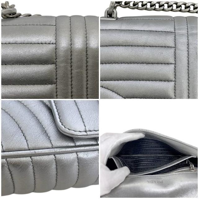 プラダ チェーンショルダー バッグ シルバー ダイアグラム 1BD108 美品 レザー 中古 7/6 PRADA クロスボディ 肩掛け フラップ キルティング ステッチ ロゴ金具 銀 メタリック シンプル シルバー金具 レディース 定番_5