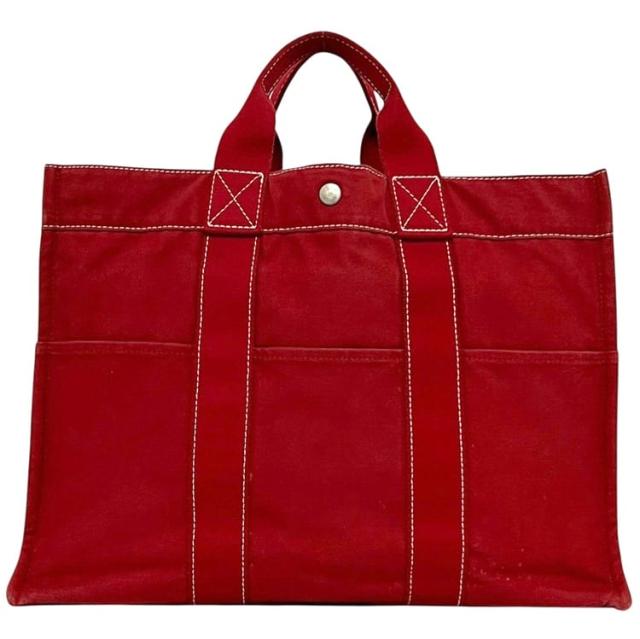 エルメス トートバッグ ドーヴィル ＭＭ レッド 軽量 コットンキャンバス 中古 HERMES ステッチ 赤 ワンカラー 軽い 書類 ヴィンテージ レディース メンズ 男女兼用 定番 人気 シンプル キャンバストート a4 ポケット豊富