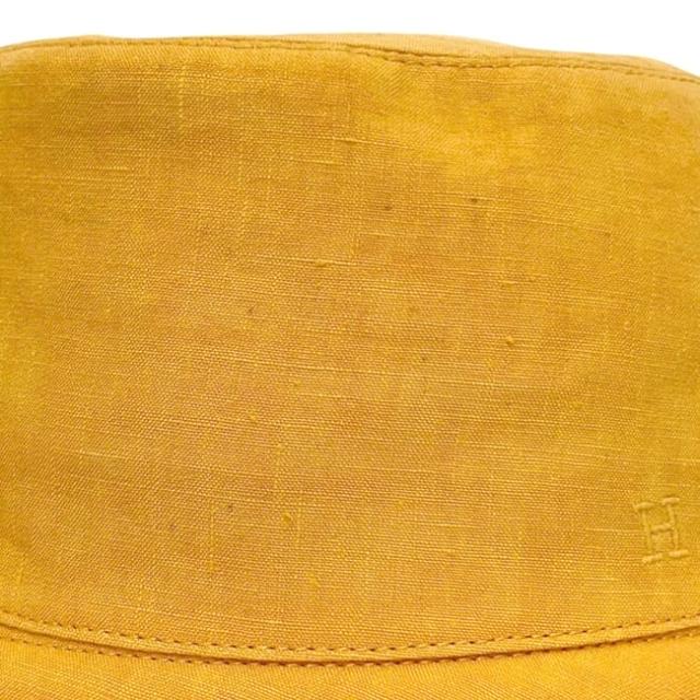 エルメス バケットハット オレンジイエロー 美品 クリーニング済み リネン 中古 HERMES 帽子 バケハ アパレル H ロゴ 刺繍 箱付き レディース メンズ 男女兼用 シンプル ヴィンテージ 刺繍ロゴ 黄色 ワンポイント ブランド