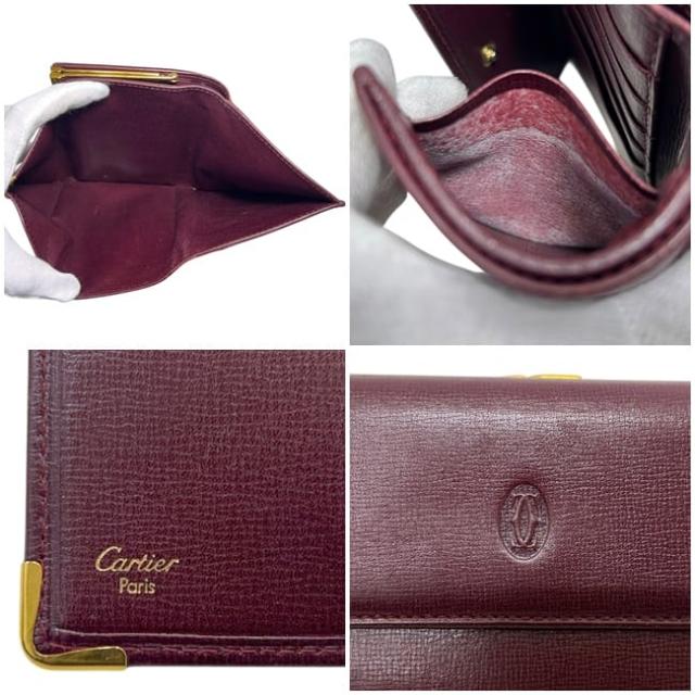 新品未使用/付属品完備✨Cartier 三つ折り財布 がま口 金具 ボルドー カルティエ 三つ折り 財布 ボルドー マスト ガマグチ 美品 レザー 中古