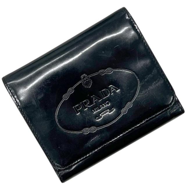 プラダ 三つ折り 財布 ブラック NERO コンパクト パテント レザー 中古 