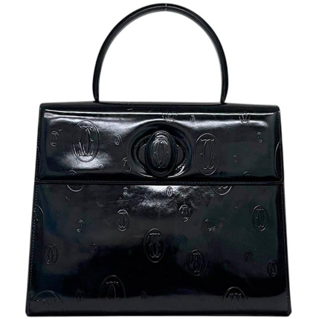 カルティエ ハンドバッグ ダークネイビー ハッピーバースデー 美品 パテント レザー 中古 Cartier トップハンドル フラップ ダークネイビー 紺色 ターンロック ロゴ 総柄 自立 マチ有 レディース 女性 定番 人気 ヴィンテージ