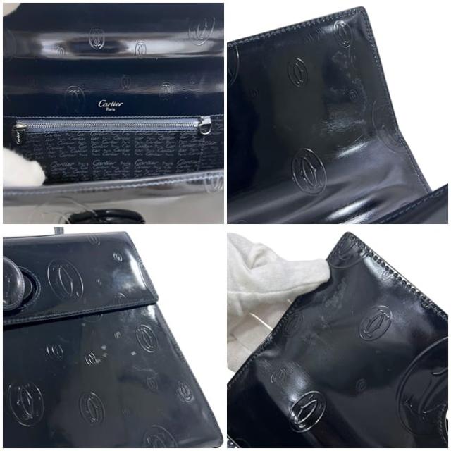 カルティエ ハンドバッグ ダークネイビー ハッピーバースデー 美品 パテント レザー 中古 Cartier トップハンドル フラップ ダークネイビー 紺色 ターンロック ロゴ 総柄 自立 マチ有 レディース 女性 定番 人気 ヴィンテージ_2