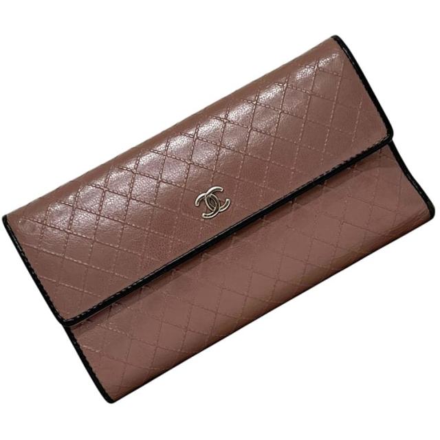 シャネル 三つ折り 長財布 ピンクベージュ ブラック ビコローレ 美品 財布 ココマーク レザー 中古 12番台