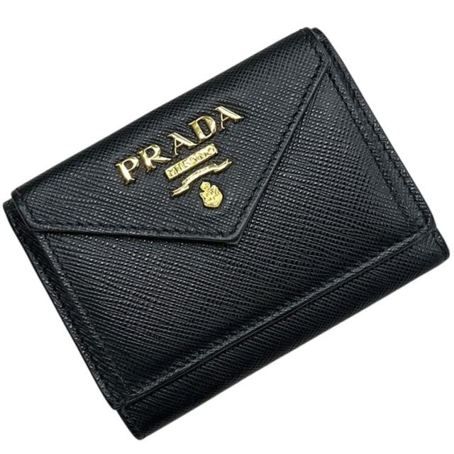 プラダ 三つ折り 財布 ブラック NERO 黒 1MH021 美品 サフィアーノ レザー 中古 85