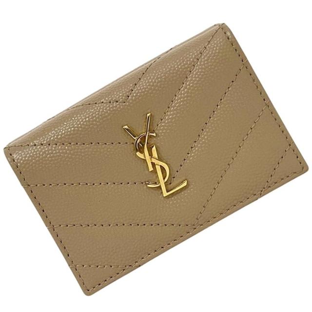 サンローラン オリガミ 三つ折り 財布 ベージュ モノグラム TGN668274 0324 美品 YSL レザー 中古 SAINT LAURENT