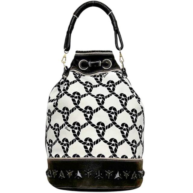 ロエベ 巾着 バケット バッグ ブラウン ホワイト 茶色 白 347.80.008 美品 キャンバス レザー 中古 060703