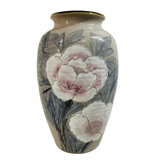 【中古】砥部焼　森元青芳作　線彫　牡丹　花瓶　高35センチ　幅20センチ【送料無料】