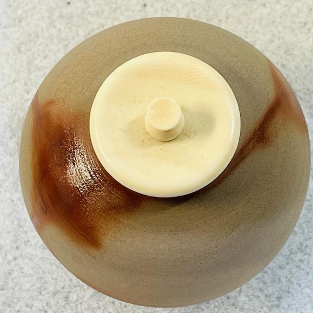 中古】茶道具 文琳茶入 備前焼 木村陶峰作 牙蓋・仕覆・共箱付属(在銘