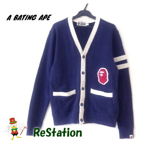 【中古】【送料無料】アベイシングエイプ A BATHING APE 長袖 カーディガン ワッペン 猿 ネイビー メンズ サイズM