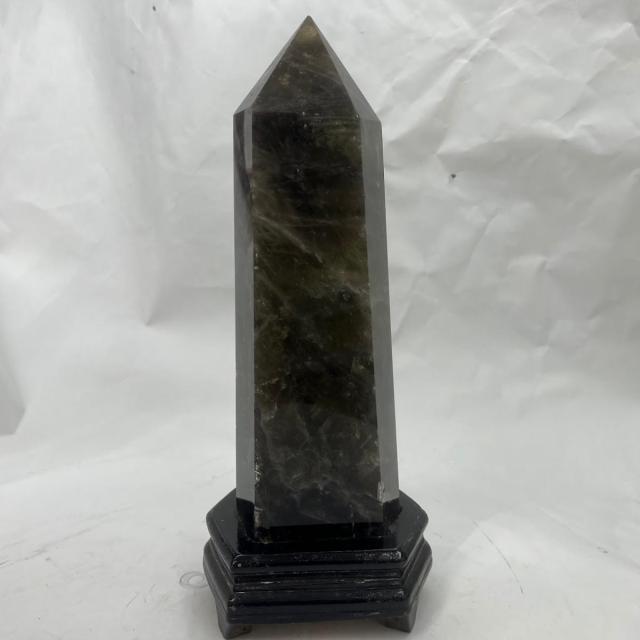 中古】モリオン黒水晶六角柱台座付き4.22kg高36センチ魔除け浄化天然石 