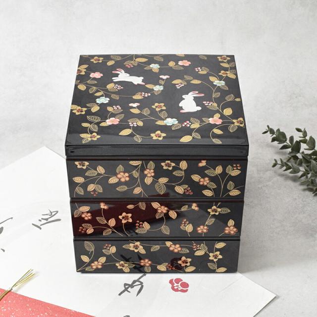 三段重 18cm 角型 黒 タッパー付 日本製 花の小路 お重 重箱 三段重 おせち料理 弁当箱 ランチボックス 和食器 和風 和モダン おしゃれ食器 行楽 運動会 ピクニック 正月料理 家庭用