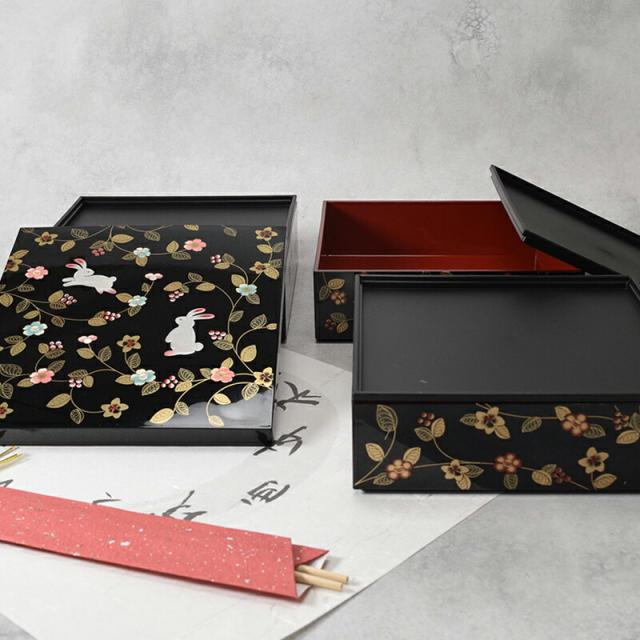 三段重 18cm 角型 黒 タッパー付 日本製 花の小路 お重 重箱 三段重 おせち料理 弁当箱 ランチボックス 和食器 和風 和モダン おしゃれ食器 行楽 運動会 ピクニック 正月料理 家庭用_2