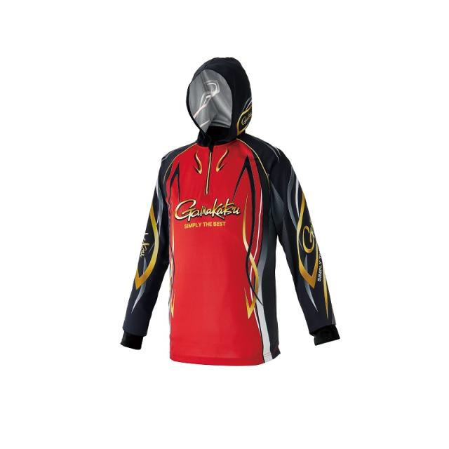 がまかつ GM3736 2WAYプリントジップシャツフーディ レッド L　【釣具　釣り具】