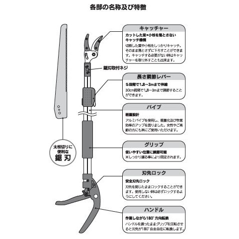 CLUB.J 軽量伸縮式高枝切鋏 標準刃 キャッチ付 CJ-1901OR アークランズ｜au PAY マーケット