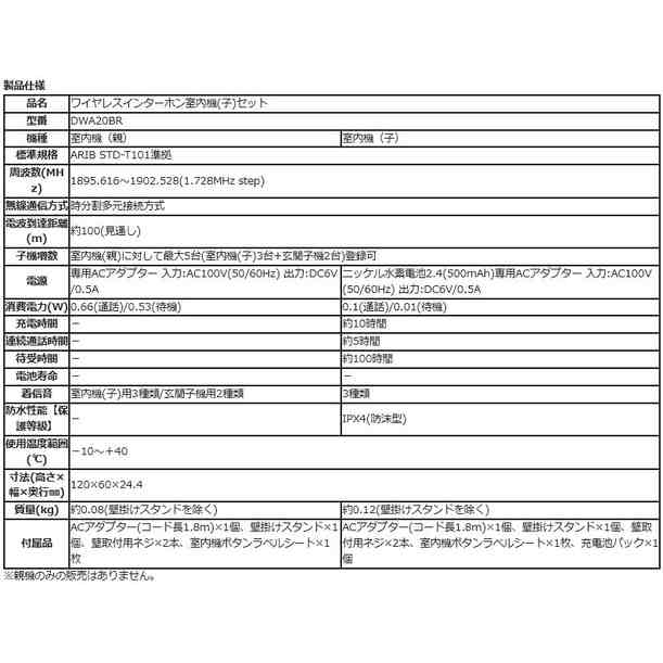 デルカテック ワイヤレスインターホン 室内機(子)セット DWA20BR DX