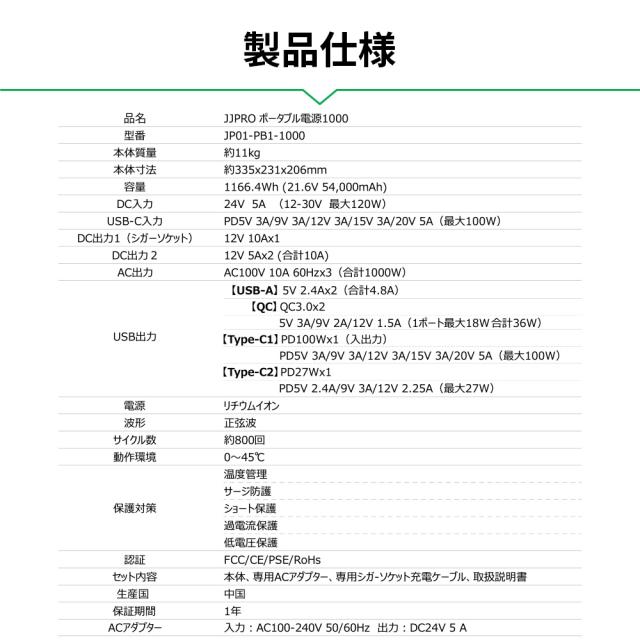 JJPRO ポータブル電源1000 JP01-PB1-1000 【メーカー直送・代引不可・置配不可・配送地域限定】_8