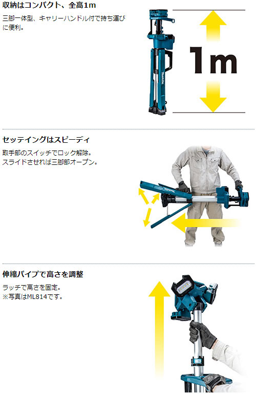 マキタ 充電式タワーライト ML814 スポット・エリア照射 LED 18V 14.4V 対応 本体のみ 【バッテリー・充電器 別売】 makita 投光器 作業灯 タワーライト 折りたたみ コンパクト 防災 災害 対策