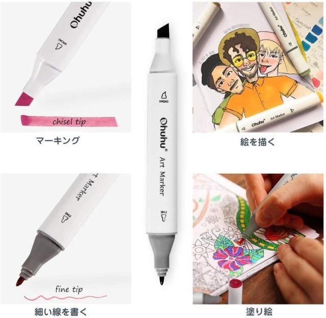 新作商品 油性 太細両端 アルコールマーカー ブレンダーペン付き 0色 イラストマーカー Ohuhu コミック用 キャ 塗り絵 落書き 手帳 マンガ 用