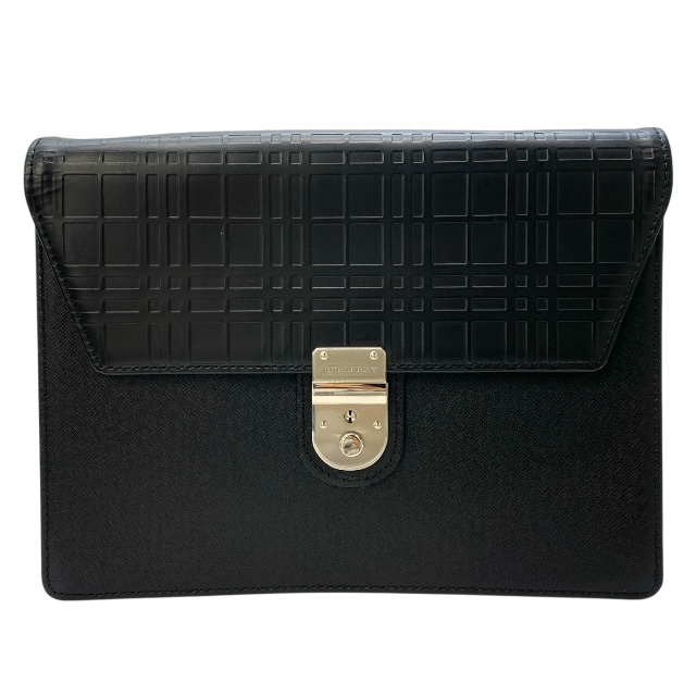 BURBERRY バーバリー クラッチバッグ セカンドバッグ チェック エンボスレザー ブラック 黒 ストラップ付 メンズ 中古