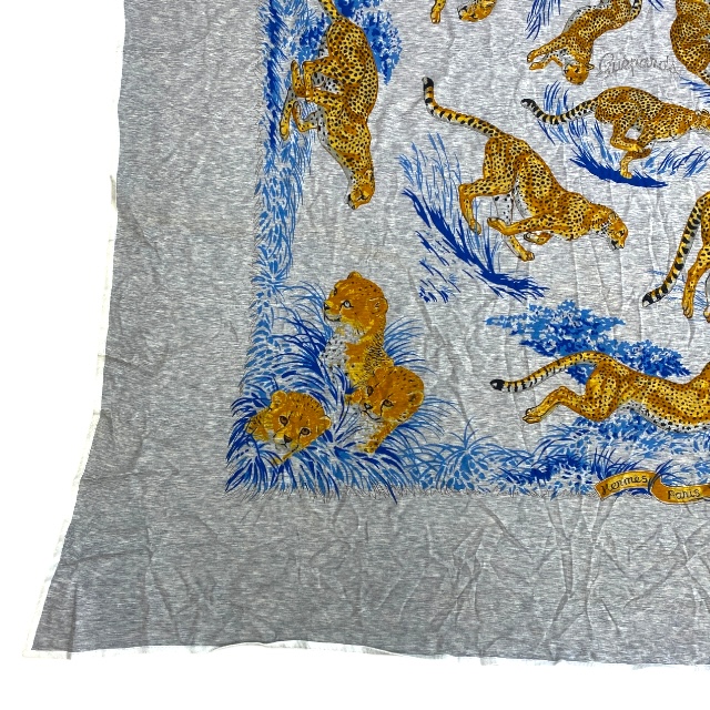 エルメス Guepards スカーフ カレ ヒョウ チーター 正方形 110×110cm タグ付き コットン ライトグレー オレンジ ブルー HERMES