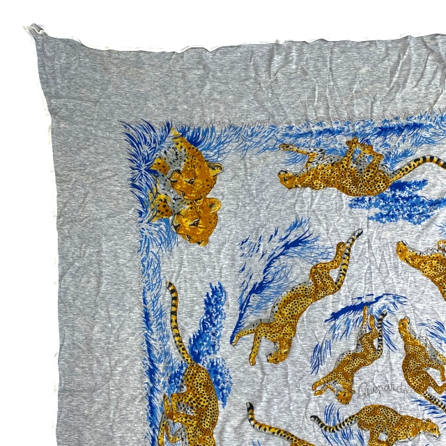エルメス Guepards スカーフ カレ ヒョウ チーター 正方形 110×110cm タグ付き コットン ライトグレー オレンジ ブルー HERMES