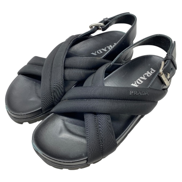 プラダ サンダル クロスベルト ロゴ ナイロン レザー ブラック レディース PRADA [サイズ37 1/2 (約24cm)] 人気 定番 上品 高級感 モード