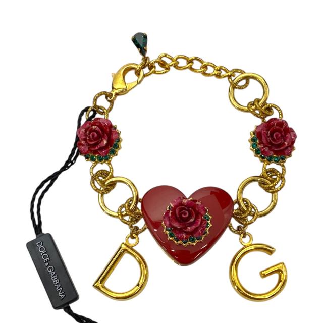 ドルチェ＆ガッバーナ ブレスレット ハート 薔薇 DGロゴ チェーン ラインストーン アクセサリー ゴールド レッド DOLCE&GABBANA リユース 上品な輝きの装飾が魅力の手元映えデザイン