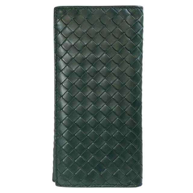 ボッテガ ヴェネタ イントレチャート 二つ折り 長財布 札入れ レザー グリーン 120697 V 4651 3203 BOTTEGA VENETA メンズ 中古 洗練 編み込み 上質感 薄型 大人向け