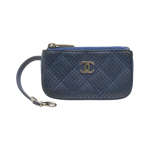 シャネル コインケース 小銭入れ ミニポーチ キーリング付 キーケース ココマーク パンチング ネイビー レザー CHANEL