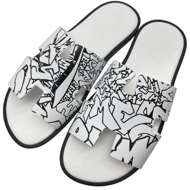 未使用 エルメス イズミール サンダル グラフ エルメス ホワイト ブラック レザー HERMES [サイズ40 約25cm] 上品 定番 実用性