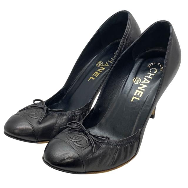 シャネル ココマーク バレエ リボン パンプス ヒール レザー ブラック ラムスキン CHANEL (サイズ36 1/2 約23.5cm) フォーマル 通勤 セレモニー エレガント 上質感 定番