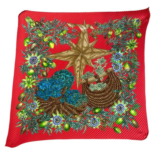 エルメス スカーフ PASSIFLORES パッションフラワー プリーツスカーフ プリーツカレ カレ90 スカーフ シルク レッド マルチカラー HERMES 上品 洗練 高級感 華やか 軽量 実用性 15,400円