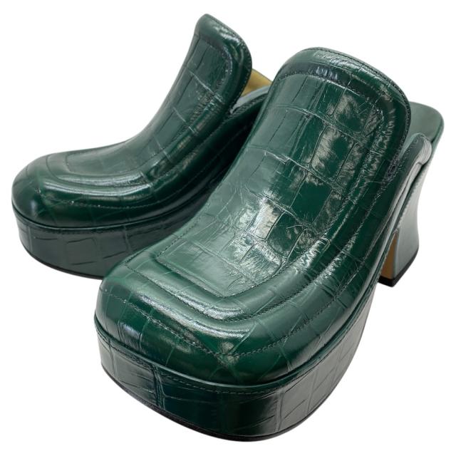 未使用 ボッテガヴェネタ ウェッジクロッグサンダル サボ クロコ型押し レザー グリーン BOTTEGA VENETA [サイズ 34(約21.5cm)] カジュアル エレガント 上品 洗練 高級感 スタイリッシュ デイリー