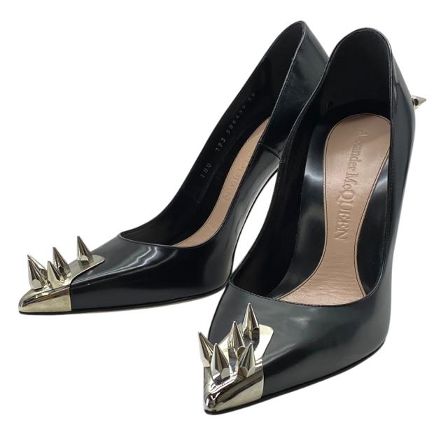 美品 アレキサンダーマックイーン スパイクパンプス メタルトゥ スタッズ ブラック シルバー Alexander McQueen [サイズ38(約24.5cm)] 洗練 上品 エレガント 高級感 モード 主役級