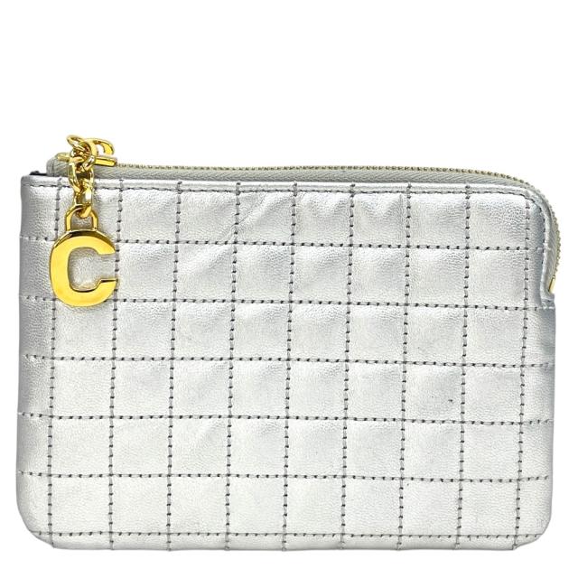 セリーヌ Cチャーム コインケース 小銭入れ カードケース ミニ ポーチ キルティング レザー シルバー CELINE 上品 洗練 高級感 シンプル 定番 人気 日常使い